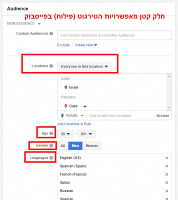 קידום ממומן בפייסבוק - חלק מאפשרויות הגדרת קהל היעד במערכת הפרסום של פייסבוק